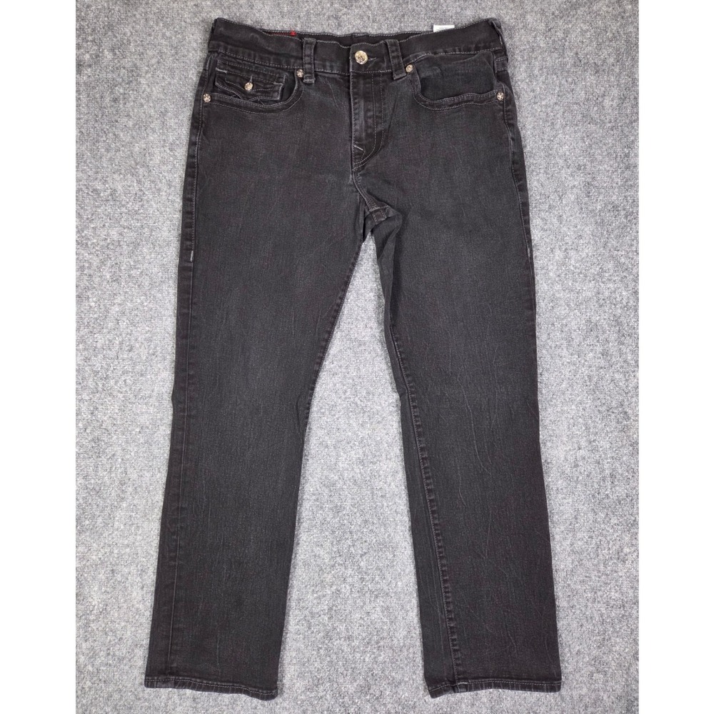 True Religion Ricky Relaxed Straight Jeans Mens 34 Black Horseshoe Flap Pocket